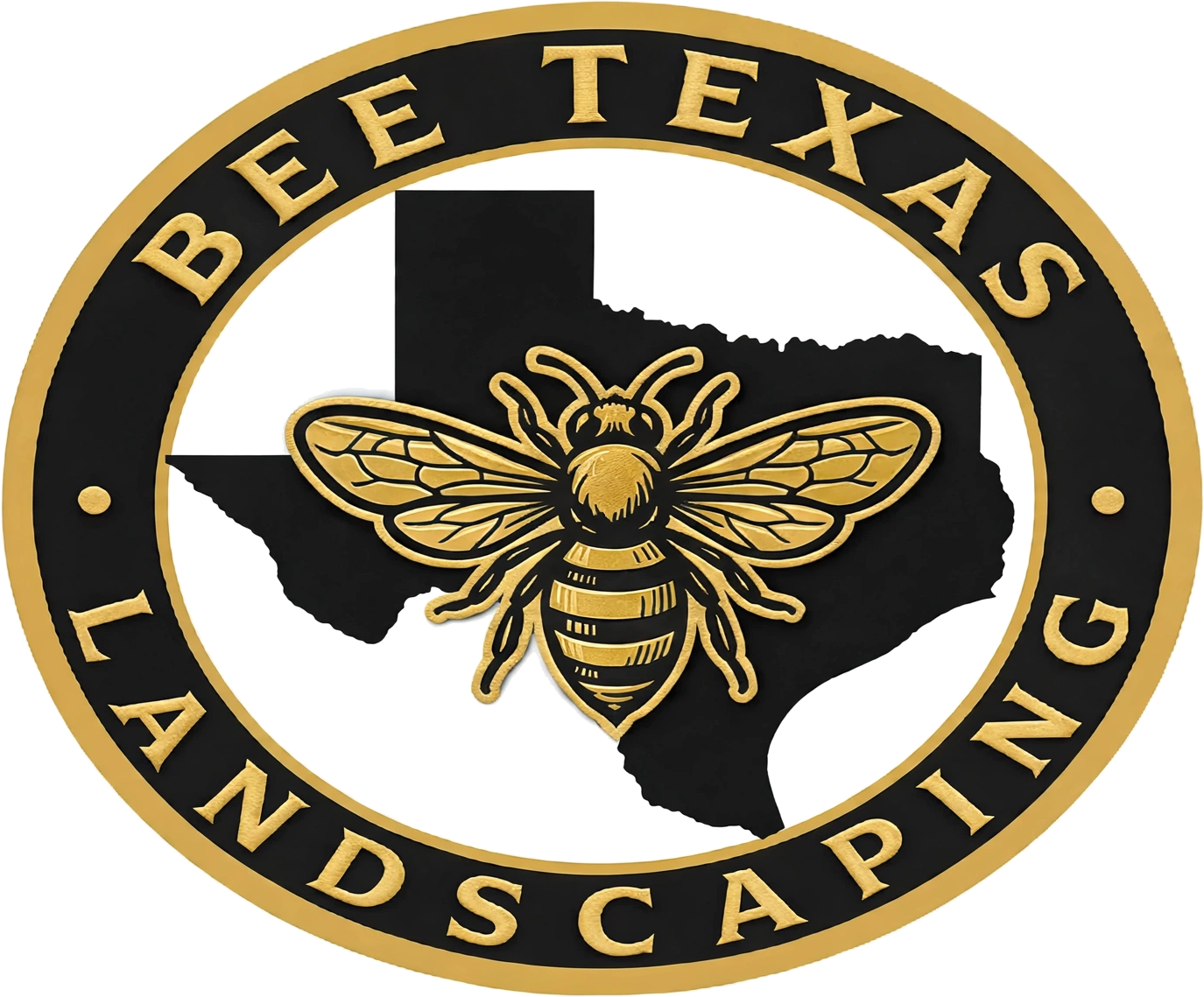 The Bee Texas Landscaping badge: a gold honeybee over the state of Texas